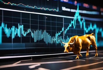 AI generated illustration of a bull standing in front of a graph board illuminated with lights