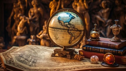 Adventure stories education background. Old globe on map background. Selective focus.