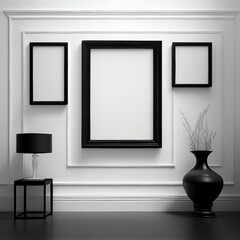 Wall Mural - AI generated illustration of three white frames hang on a white wall near interior decorations