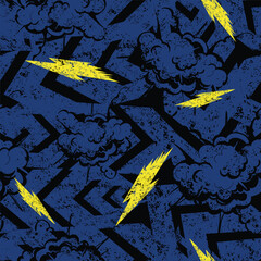 Wall Mural - Explosion clouds seamless pattern with lightnings. Endless grunge blue background with explosions. Grunge textures Arrows repeat wallpaper