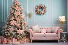 A Cozy Living Room With A Christmas Tree Adorned With Elegant Pink Floral Decorations. Generative AI