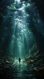 Fototapeta Natura - One person is swimming through a cool underwater cave, in the style of suspended/hanging, ethereal seascapes