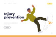 Injury prevention landing page template with young man falling down slipping on banana peel