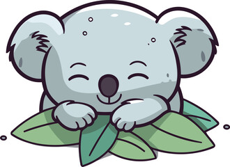 Cute koala sleeping on leaves. Vector illustration of cartoon character.