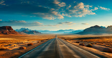 Asphalt Road Going Into The Distance, Mountain Landscape - AI Generated Image