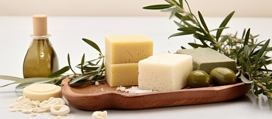 Poster - On a beige tile background there is a display containing soap bars olives sponges sea salt and a loofah