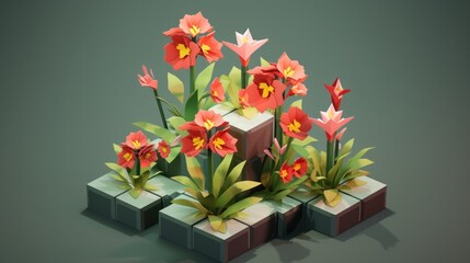 Wall Mural - Cute isometric 3D image of 3D flowers