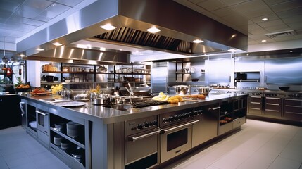 Design of a professional kitchen for a restaurant or cafe. Metal table. Kitchen equipment for catering. Cooking space.