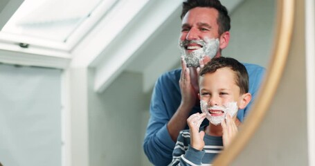 Sticker - Child, father and shaving cream on face in bathroom, mirror or learning about beauty, care and grooming in family home. Dad, teaching boy and skincare routine in morning or shave with hair removal