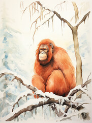 Wall Mural - A Minimal Watercolor of an Orangutan in a Winter Setting