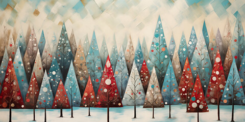 Collage of decorated Christmas trees in a forest. A website of background banner.