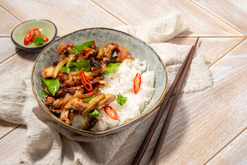 Canvas Print - Sesame Chicken served with Jasmine white rice, selective focus