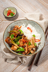 Canvas Print - Sesame Chicken served with Jasmine white rice, selective focus