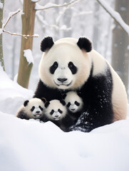 Wall Mural - A Photo of a Panda and Her Babies in a Winter Setting