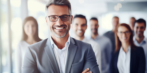 Portrait of businessman team leader, blurred group of business people on background. Male ceo smiling and looking at camera. Leadership concept