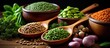 Different types of food components including beans legumes peas and lentils are displayed in wooden spoon and glass bowls