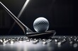 golf club with ball on dark background with reflection surface