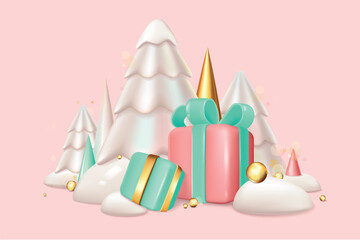 Poster - Christmas and New Year 2024 background in 3d realistic design. Festive pine trees, geometric shapes, snow, gift boxes with bows and golden elements. Xmas banner in plastic style. Vector illustration.