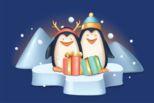 Christmas And New Year 2024 Background In 3d Realistic Design. Cute Penguins In Santa Claus Or Reindeer Hats With Gifts On Ice Float At North Pole. Xmas Banner In Plastic Style. Vector Illustration.