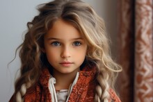 Portrait Of A Beautiful Little Girl With Blond Curly Hair In A Warm Sweater.