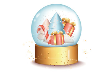 Poster - Christmas and New Year 2024 background in 3d realistic design. Glass snow globe with festive pine trees, candy cane, gift boxes with bows in snow. Xmas banner in plastic style. Vector illustration.