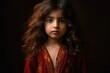 Portrait of a beautiful little girl with long curly hair on a dark background