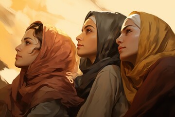 Multicultural girls friends, Arabic and African-American appearance in hijab, religion Islam, beautiful modest hidden women drawn with oil paints watercolor