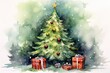 © Ruth - decorated christmas tree with gifts, beautiful christmas card watercolor background