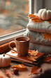 Embrace the Tranquil Beauty of Fall: Steaming Mug of Hot Tea Nestled on Books, Featuring Rustling Leaves, Pumpkins, and Juicy Apples, Warmth