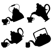 Teacup And Teapot Pouring Collection. Hand Drawn Cartoon Vintage Kitchen Tools Set. Retro Coffee, Tea Pot And Cup Pour, Kettle Ceramic. Householding Elements. Silhouette Vector Illustration Isolated