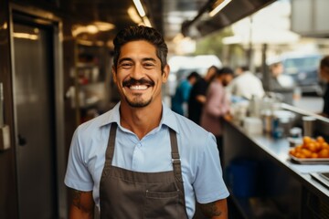 Wall Mural - The man is the owner of a fast food truck. Top profession concept. Portrait with selective focus and copy space