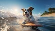 Funny dog surfing on a surfboard at the ocean with sunset or sunrise sky view