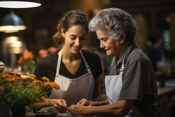 Sticker - Community volunteers assisting seniors with their daily tasks, ensuring their security and well-being. Generative Ai.