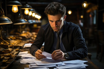 Poster - a young adult checking a stack of rejection letters after months of job hunting. concept of the stru