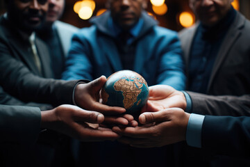 Poster - A globe surrounded by hands in a show of unity and global cooperation. Generative Ai.