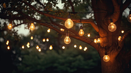 Decorative outdoor string lights hanging on tree in the garden at night time