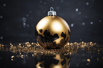 Wall Mural - Christmas and New Year holiday background. Xmas greeting card. Golden Christmas decoration on a black background. Noel. 