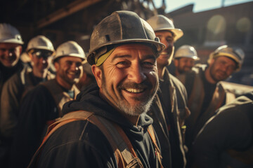 Poster - A group of construction workers at a construction site beams with happiness, symbolizing teamwork and camaraderie within the construction industry. Generative Ai.
