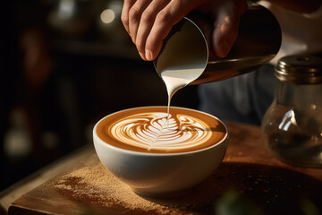 Wall Mural - A skilled barista meticulously prepares a beautifully layered cappuccino with latte art, showcasing their coffee craftsmanship. Latte art in coffee. Generative Ai.