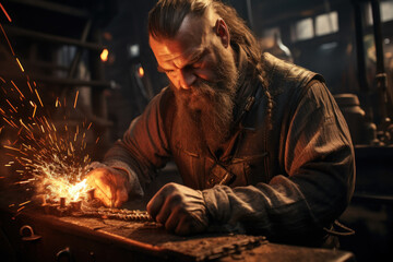 Poster - A skilled blacksmith meticulously hammers a red-hot piece of iron, shaping it into a precisely crafted work of metal art. Blacksmith at work. Generative Ai.