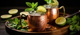 A close up image with a black background showcasing a Moscow Mules cocktail featuring ginger beer vodka lime and mint leaves Ample room for copy