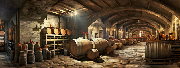 wine cellar with barrels. AI generated.