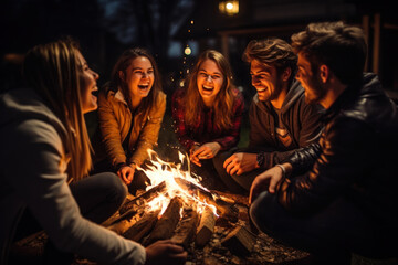 Sticker - A group of friends huddled around a bonfire, roasting marshmallows and sharing stories with laughter. Concept of togetherness and campfire camaraderie. Generative Ai.