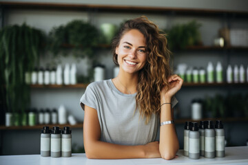 Poster - a businesswoman grins as she stands beside her eco-friendly product line, emphasizing her commitment