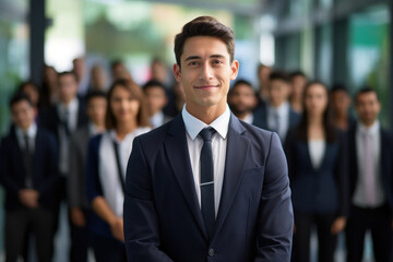 Wall Mural - A businessman showcases a radiant smile as he delivers a motivational speech to his employees, inspiring a positive work environment. Concept of leadership and motivation. Generative Ai.