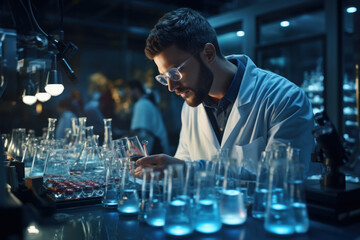 Poster - A scientist in a lab coat conducting groundbreaking experiments in a high-tech laboratory. Concept of scientific research and innovation. Generative Ai.