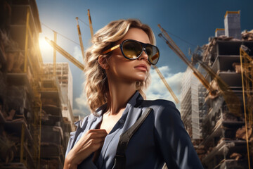 Poster - A woman engineer overseeing a major construction project, contributing to infrastructure and development. Generative Ai.