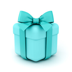 Poster - Cute blue pastel color gift box or cyan rounded squares present box with blue ribbon and bow isolated on white background minimal concepts 3D rendering