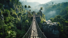 Suspension Bridge In Jungle, Perspective View Of Hanging Wood Footbridge In Tropical Forest. Scenery Of Trees, Mountain And Sky In Summer. Concept Of Travel, Adventure, Nature