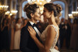 A lesbian couple celebrating their first dance as wives in an elegant ballroom. Generative Ai.